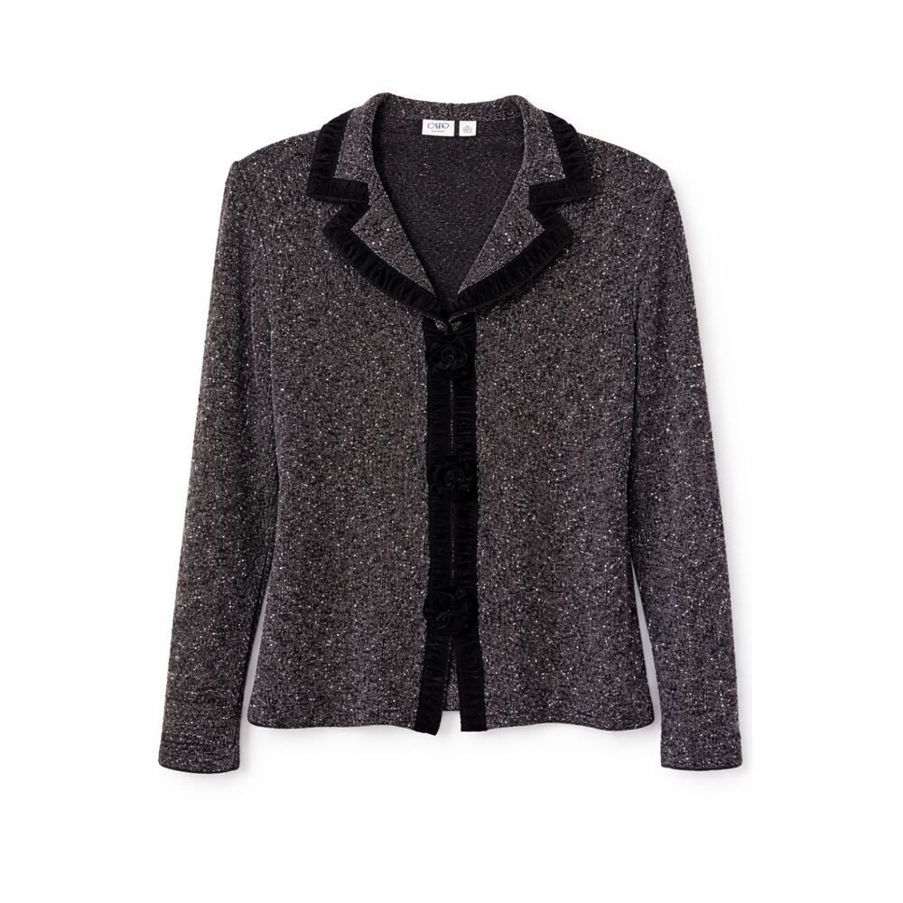 Cato Woman 16W Black Tweed Blazer‎ Ruffle Trim Office Dark Academia Chic Preppy